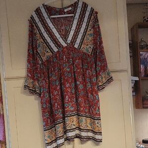 Easel Red and Yellow Floral Long Sleeve Dress